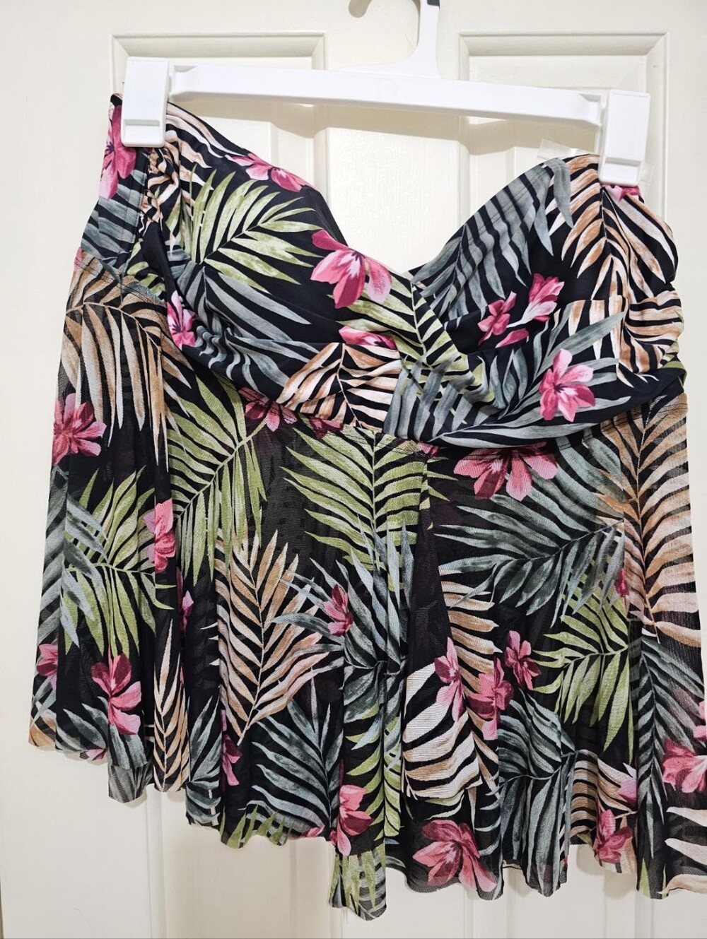 Floral Tropical Print Women’s Convertible Swim Top - Black with Pink & Green